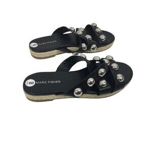 Marc Fisher Prisca Espadrille Silver Studded Slip On Slides Sandals Black Size 8